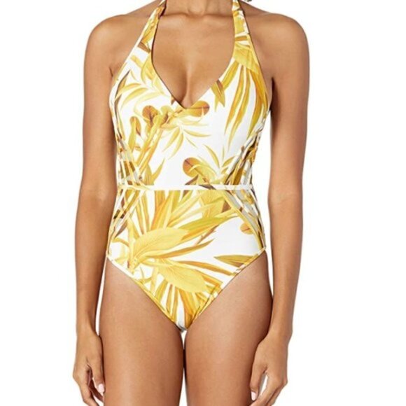 NWT BCBGMaxazria Yellow White Tropical Print One Piece Bathing Suit - Picture 1 of 10